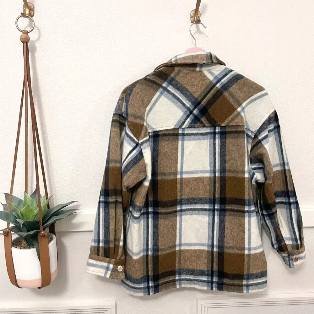 Zara Plaid Tan Blue Long Sleeve Button Front Flannel Shacket Size XS 8682/190/08